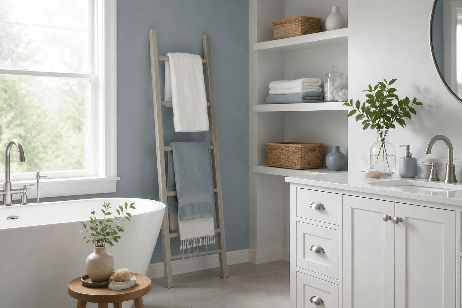 A calm corner of a modern bathroom with a towel ladder and tidy shelves